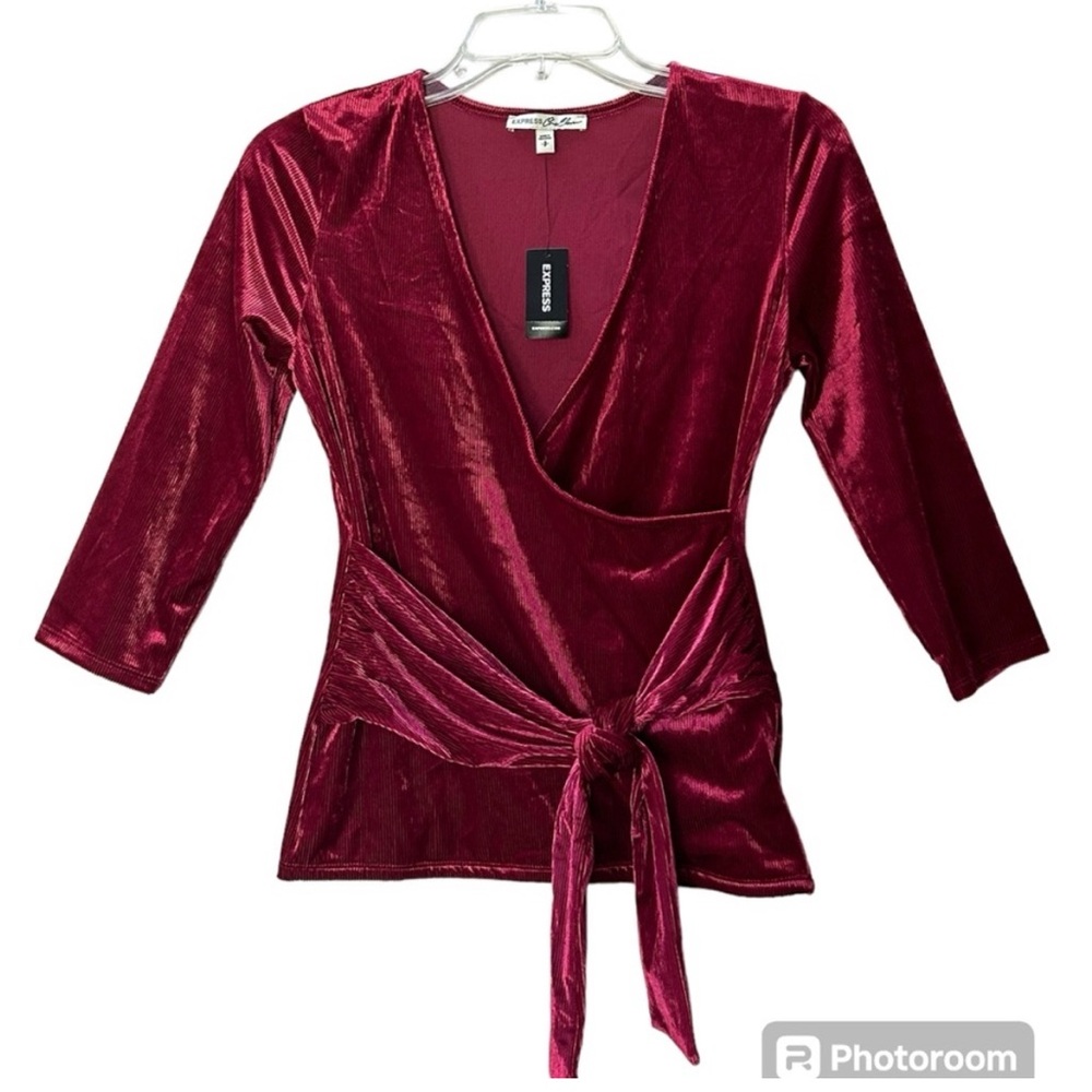 NWT Express Tie Front Velour Wrap Top Burgundy V Neck Size S - Picture 2 of 10